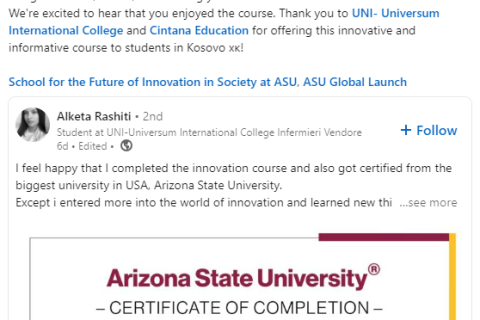 Innovation, certificate, certificate of innovation, ASU, ASU Global, Cintana, UNI, Universum